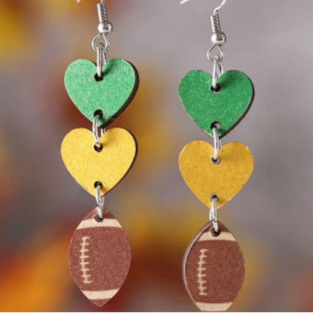 Green & Gold Heart Drop Earrings with Football Charm - Women Jewelry Earrings
